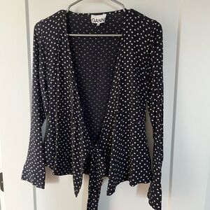 Ganni Navy and Beige Heart Pattern Wrap Blouse